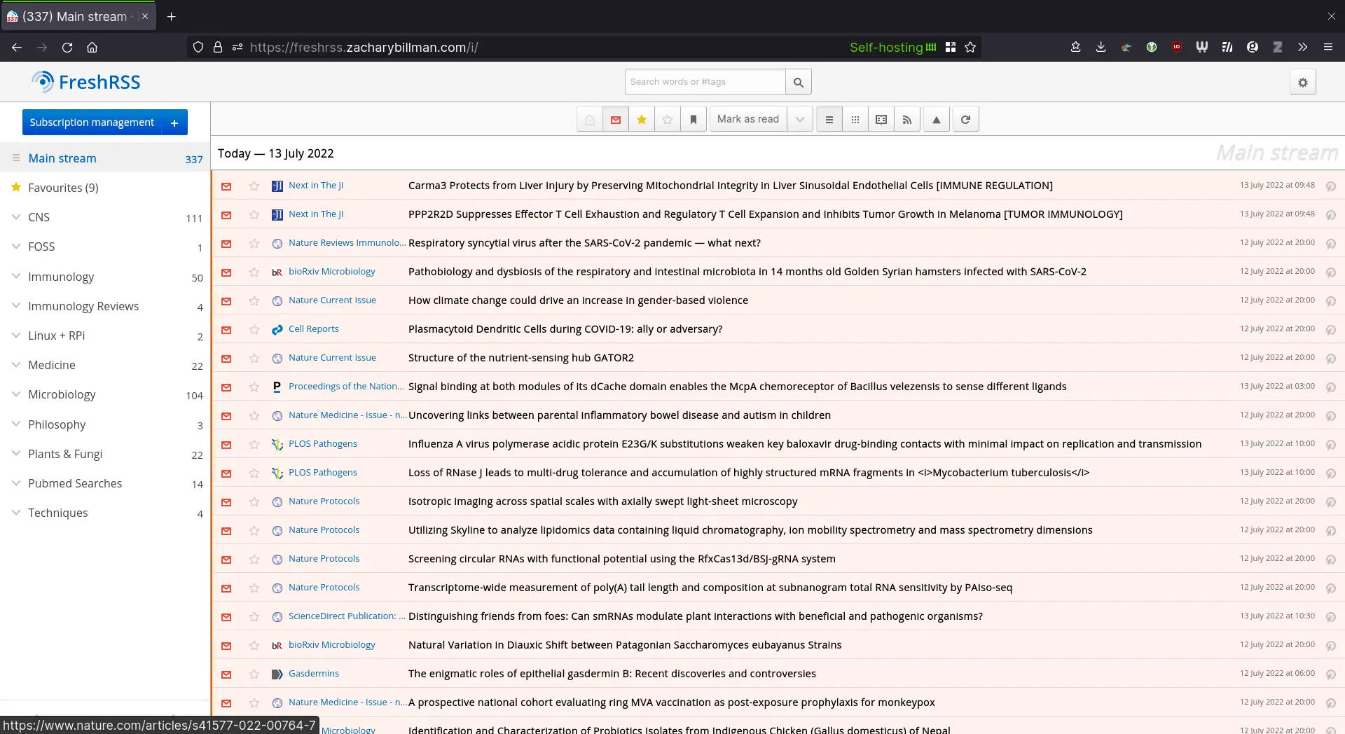 Figure 1: My current FreshRSS setup. On the left I have my feeds separated into folders. In the middle you can see the titles of papers that appear in my feed.